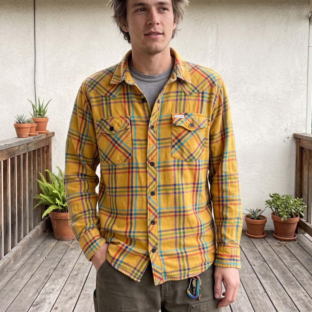 Topo Designs Mens Shirt XL Yellow Plaid Flannel Western Yoke Gorpcore Outdoors
